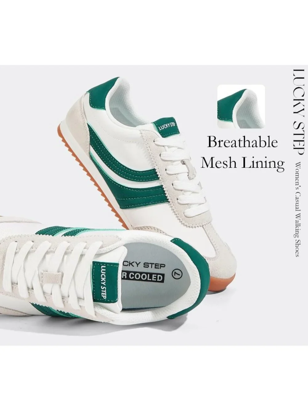 Women's White/Green Lightweight Thin Sole Lace up Anti Slip Retro Sneakers